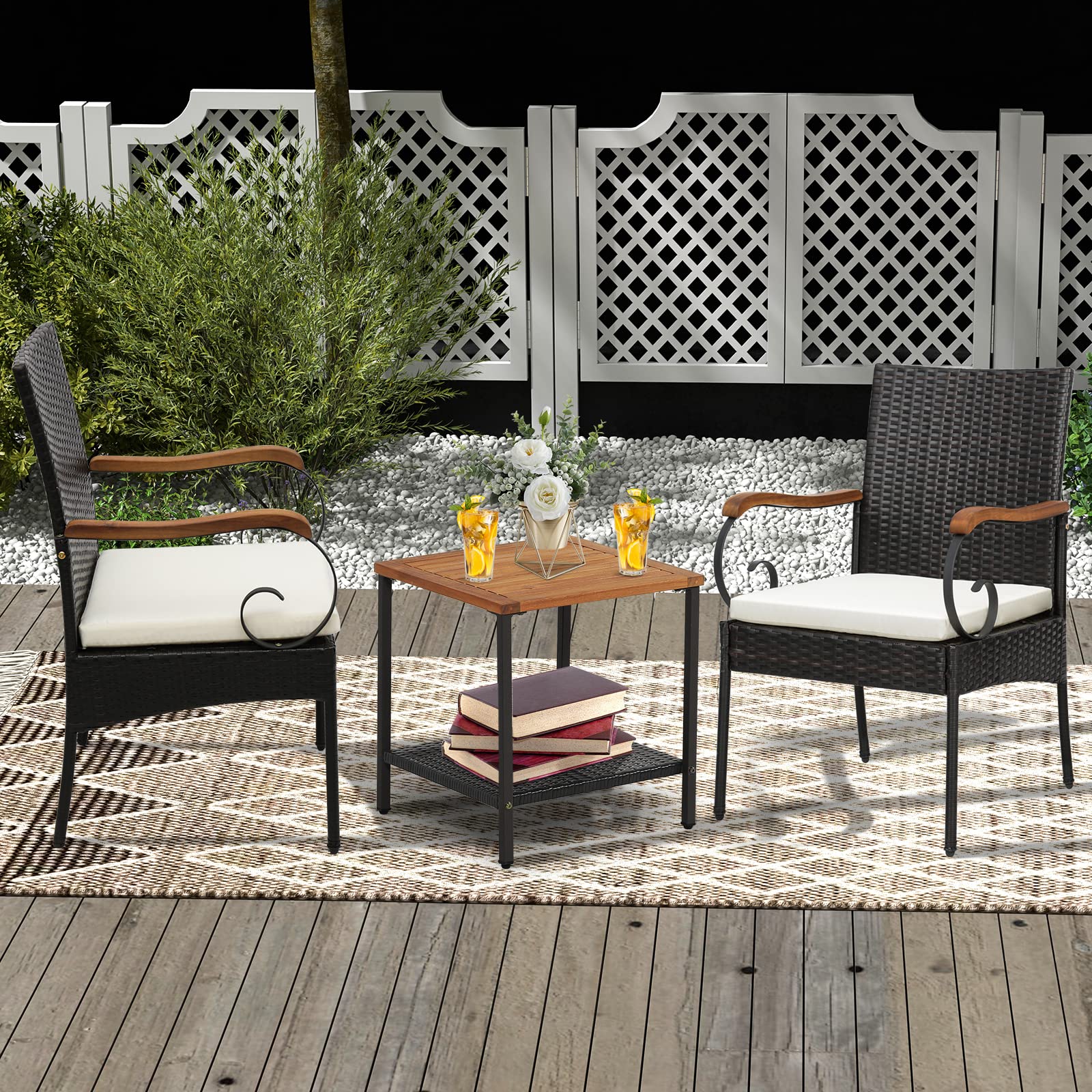 Set of 2, Outdoor PE Rattan Chairs with Soft Zippered Cushion, Heavy-Duty Metal Frame & All-Weather Wicker