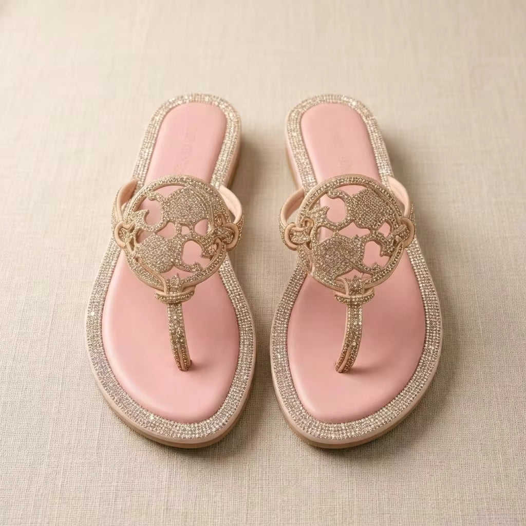 2026 New Adult Women Rhinestone Flip Flops,Candy Color Synthetic Leather Thong Slippers,Hollow Rivet Leather Splicing Daily Casual Beach Sandals SOIT
