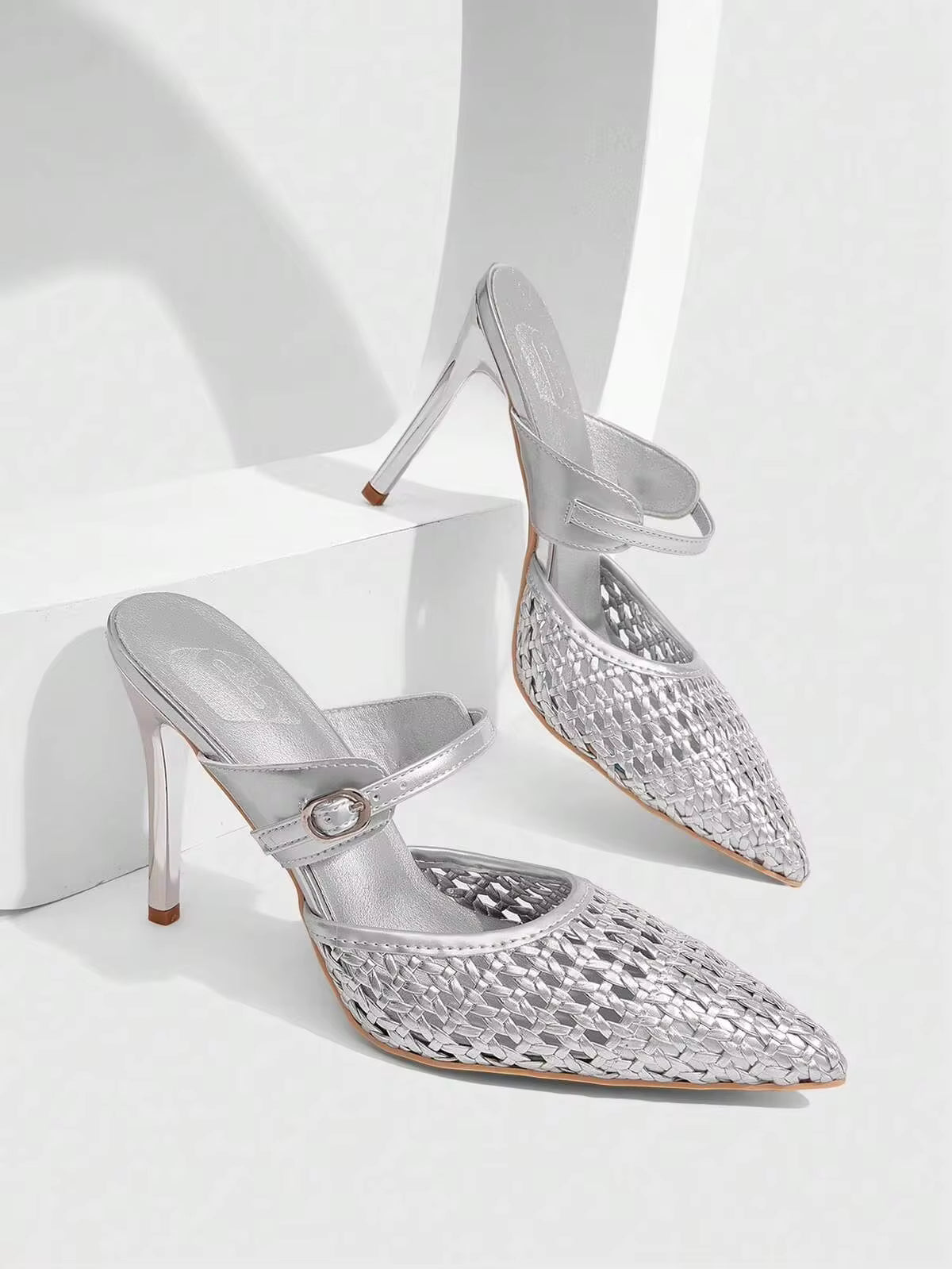 CUCCOO SZL Elegant Heelless Open-Toed High Heels With Pointed Toe And Stiletto In Women's Silver Weave, Suitable For Parties, Weddings And Night Out Occasions