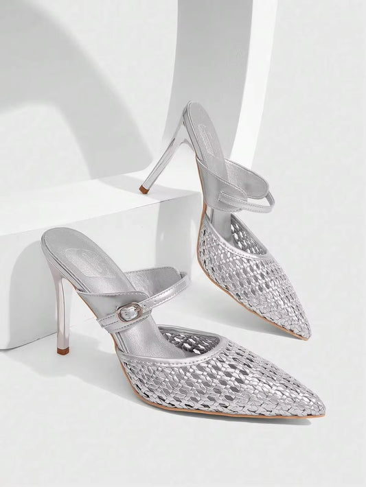 CUCCOO SZL Elegant Heelless Open-Toed High Heels With Pointed Toe And Stiletto In Women's Silver Weave, Suitable For Parties, Weddings And Night Out Occasions