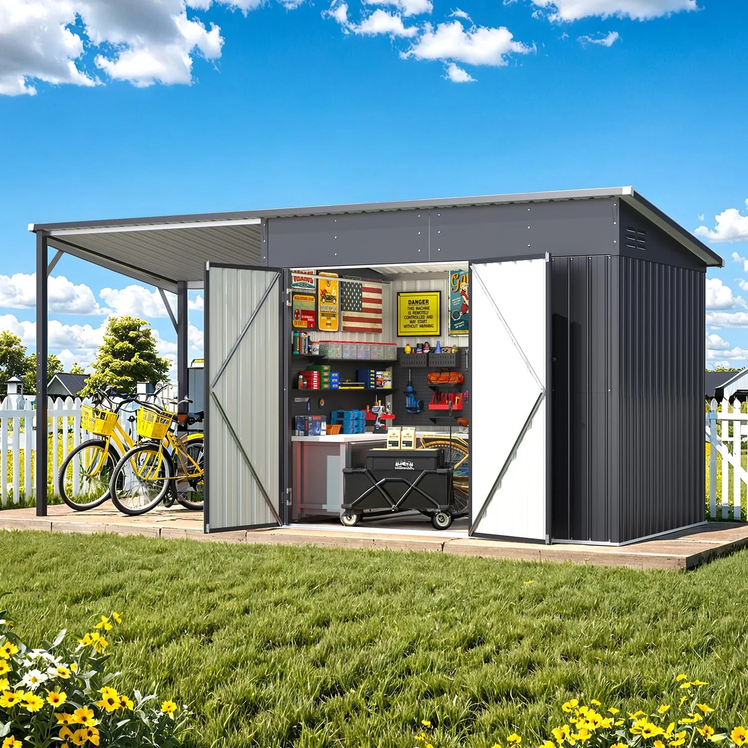 AECOJOY 6'x14' Outdoor Open-Sided Storage Shed with Attached Hardtop Metal Pergola