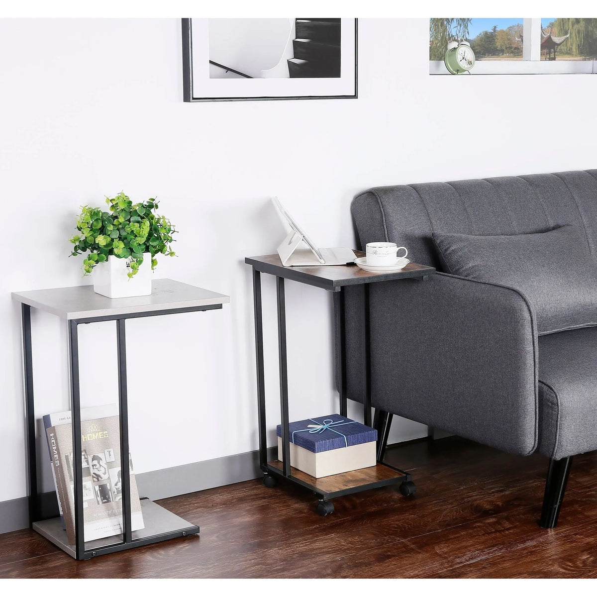 JJS Side End C Table for Sofa, Living Room Couch Table Snack Table That Slide Under for Small Spaces Cement/Black