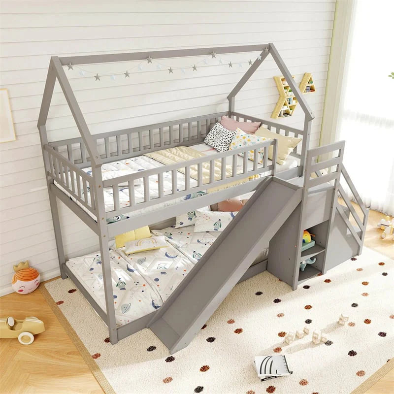 Twin Over Twin Bunk Bed House Design with Slide, Staircases & Storage Compartments, No Box Spring Needed, Wood Twin Floor Bed for Kids Teens