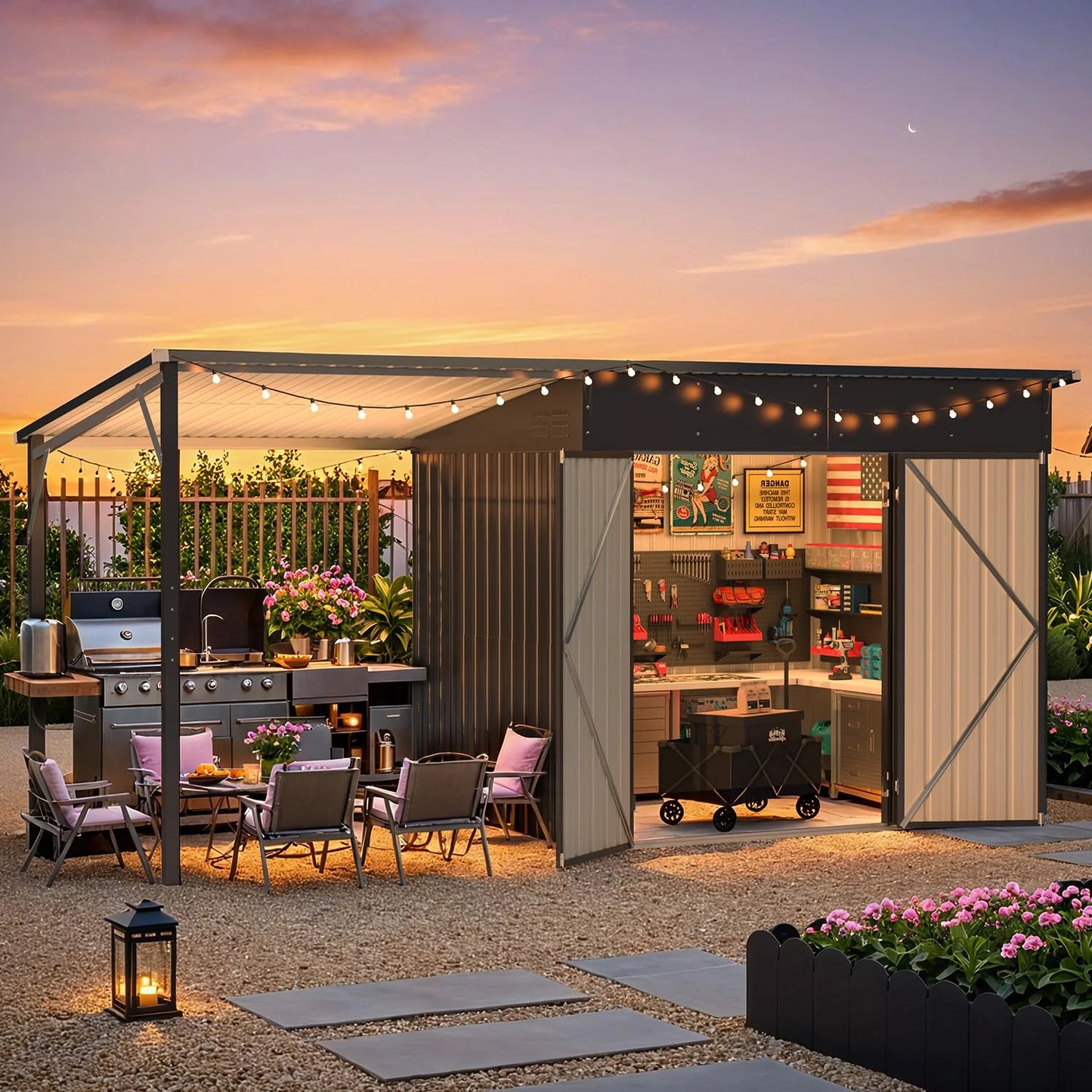 AECOJOY 6'x14' Outdoor Open-Sided Storage Shed with Attached Hardtop Metal Pergola