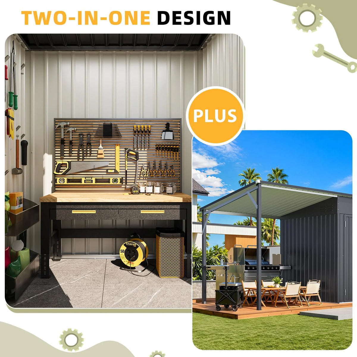 AECOJOY 6'x14' Outdoor Open-Sided Storage Shed with Attached Hardtop Metal Pergola
