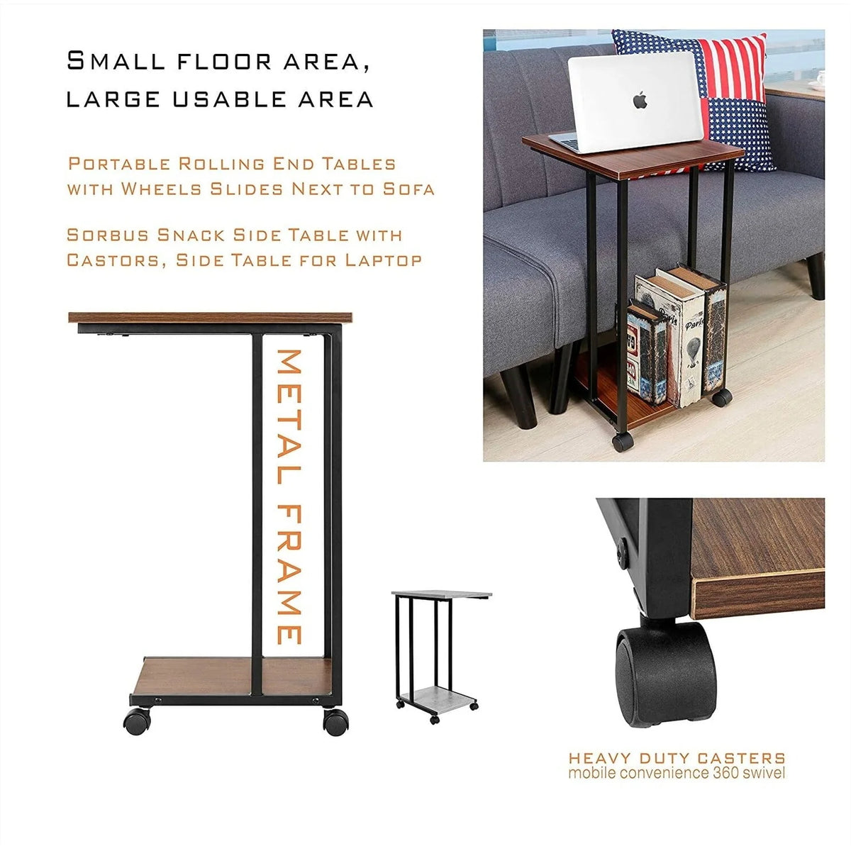 JJS Side End C Table for Sofa, Living Room Couch Table Snack Table That Slide Under for Small Spaces Cement/Black