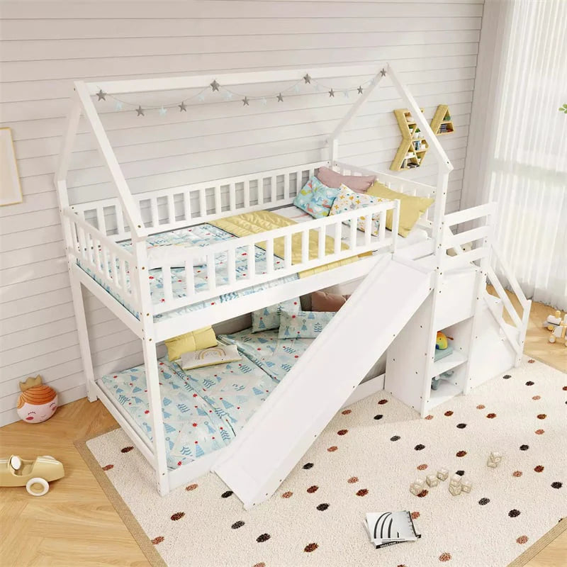 Twin Over Twin Bunk Bed House Design with Slide, Staircases & Storage Compartments, No Box Spring Needed, Wood Twin Floor Bed for Kids Teens